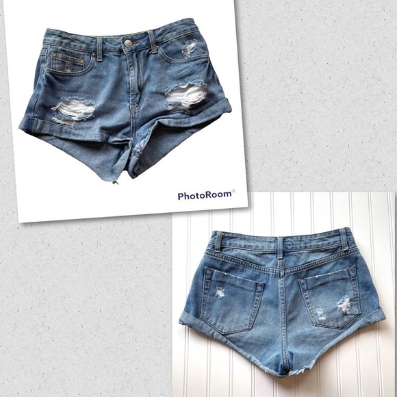 Forever 21 Denim Jean Short Distressed Blue size 27 Booty High Rise Waist - Picture 4 of 4